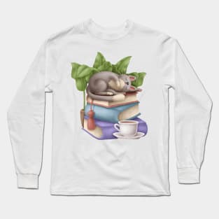 Cute Cat Napping on Books with Tea Long Sleeve T-Shirt